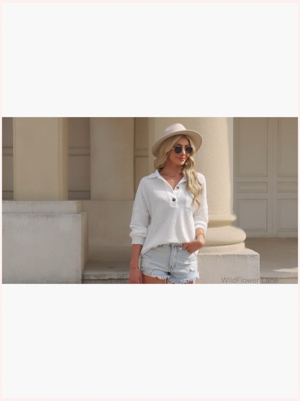 Waffle Knit Henley Oversized Tunic Long Sleeve V Neck Pullover Top - Picture 7 of 7